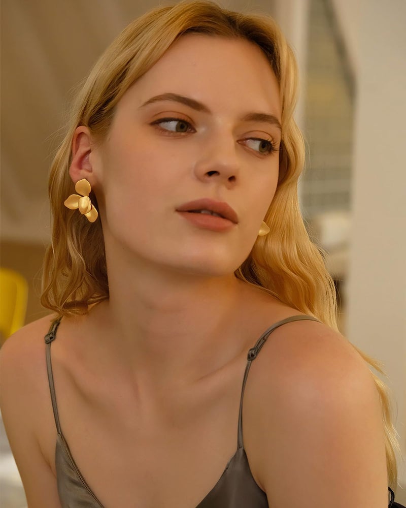 FAUTHENTICUTE Chunky Gold Statement Earrings For Women Gold Plated Sectored Flower Leaf Shell Angel Wing Earrings Large Stud Earrings Hypoallergenic Earrings - Image 2